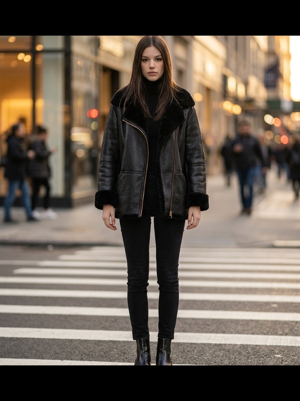 Women’s Black Sherpa Shearling Faux Fur Lined Street Moto Biker Winter Jacket 32